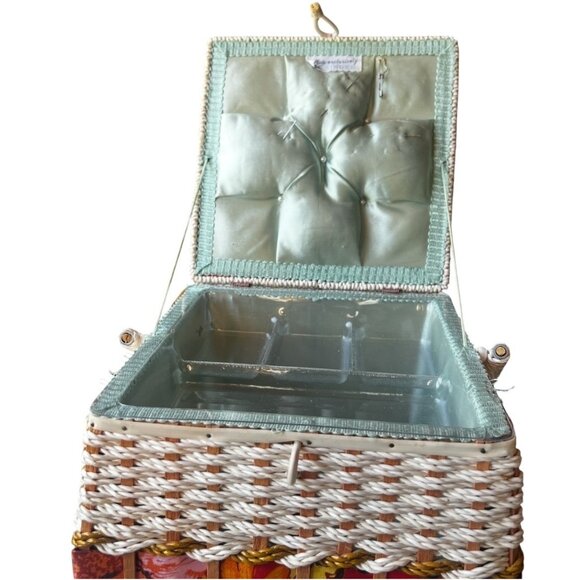 Singer Sewing Basket With Clear Plastic Insert Vintage 1970s Wicker Orange Pink - Picture 3 of 16